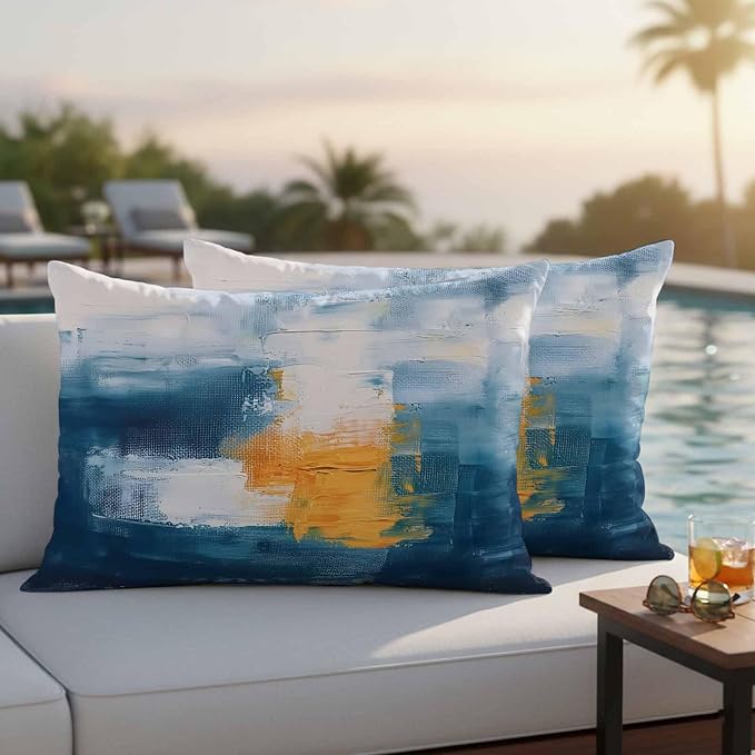 Blue Yellow Outdoor Waterproof Throw Pillow Covers Set of 2, 20"x12", Abstract Oil Painting Decorative Pillow Covers Outside Cushion Case for Patio Porch Garden