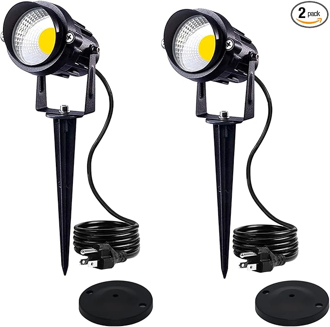 HANNAHONG 5W AC120V Landscape Up Down Spot-Light with Spiked Stand and Base,Warm White LED for Lawn Garden,Yard Step Wall Outdoor Lighting Lamp,5 Ft Cable with Plug,Waterproof (2 Pack)