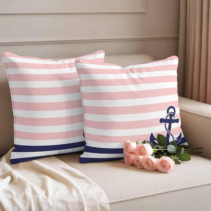 Anchor Pink Waterproof Outdoor Pillow Covers Set of 2 Home Decor Modern Navy Blue White Striped Nautical Pillowcase Patio Pillow Covers for Couch Bench Furniture Garden 16x16in