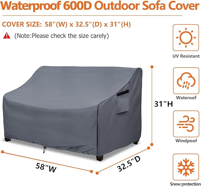 Outdoor 2-Seater Loveseat Cover,600D Heavy Duty 100% Waterproof Patio Sofa Cover,Furniture Covers for Sofa and Loveseat,58W x 32.5D x 31H Inches,Grey.
