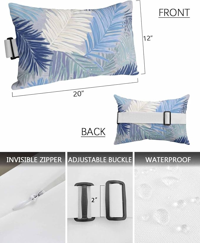 Outdoor Pillows Waterproof Covers Set of 2, Royal Blue Palm Leaves Adjustable Elastic Chaise Lounge Head Resting Pillows, Tropical Leaf Plant Lumbar Pillow for Pool Beach Patio Furniture 20x12 Inch