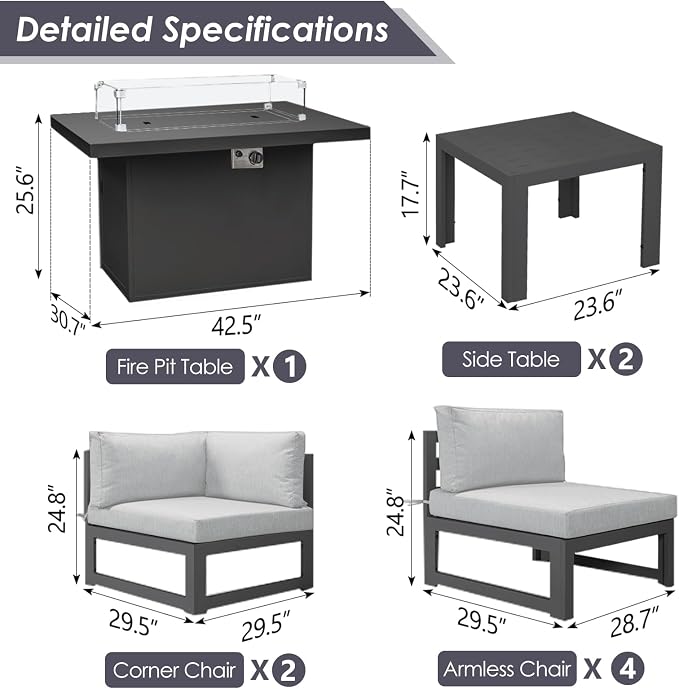 RADIATA 9 Piece Modular Outdoor Furniture Set with Fire Pit Table & Side Table, 29" Deep Wide Sectional Seating, Heavy Duty Aluminum Frame for 500 lbs, Patio Conversation Set for Poolside, Light Gray