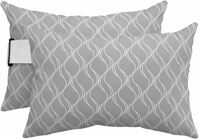 Pack of 2 Outdoor Lumbar Pillow Covers 12x20 Inch, Grey White Stripes Waterproof Throw Pillow Covers Set, Simple Geometric Modern Monochrome Indoor&Outdoor Cushion Cases for Patio Porch Beach
