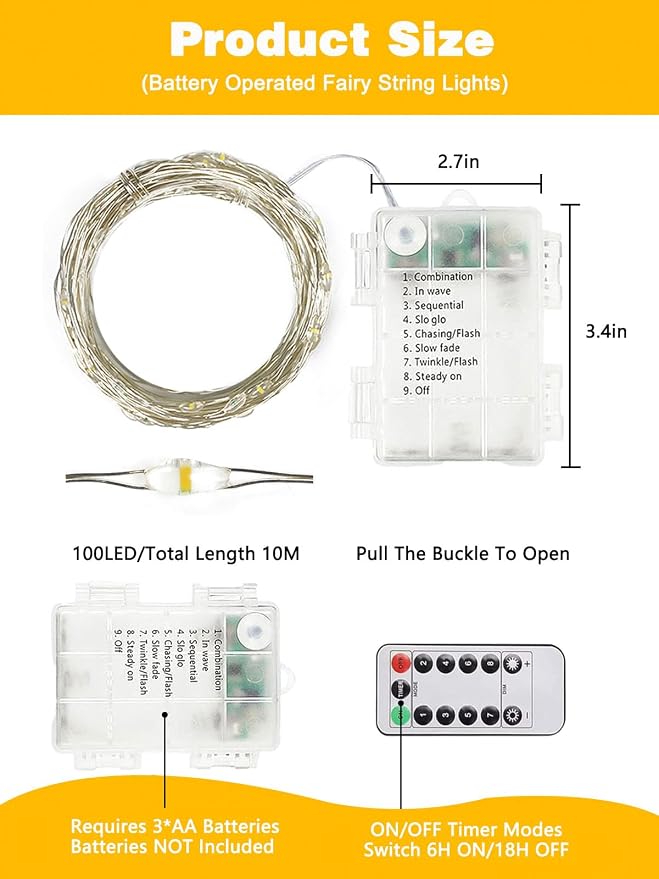 2 Pack 100 LED Fairy Lights Battery Operated with Remote, 33 FT Warm White | Cuttable, 8 Modes, Memory, Dimmable, Waterproof Battery String Lights with Timer for Indoor Outdoor, Christmas Decorations