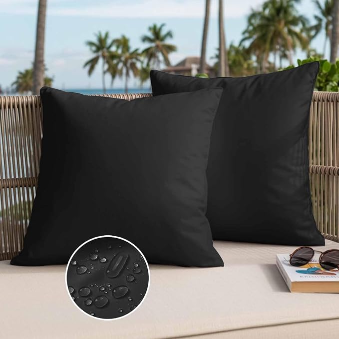 Throw Pillow Covers 18x18 Inch Set of 2, Black Pure Color Waterproof Outdoor Pillow Covers, Aesthetics Contemporary Luxury Decorative Cushion Pillowcases for Couch, Sofa, Bed, Garden, Patio