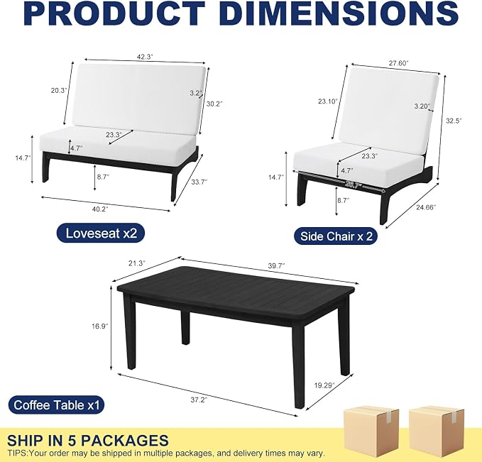 Pia Ricoo 4 Piece Patio Furniture Sets, Outdoor Furniture with 2 Chairs & Coffee Table, Patio Conversation Set for Backyard, Deck, Lawn, Beige, Dark Wood
