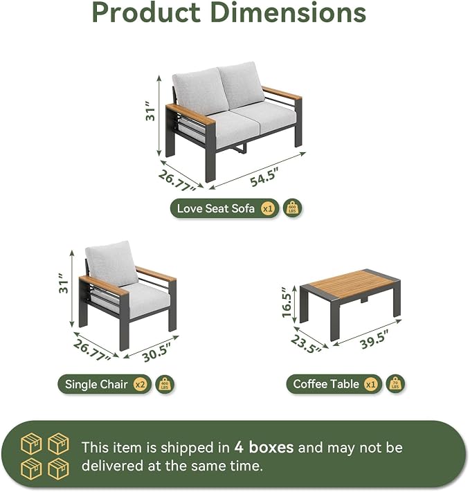 Aoxun Patio Furniture Set, 4 Piece Aluminum Patio Sets with 5" Thicken & Washable Cushion, Waterproof Outdoor Furniture with Coffee Table, Outdoor Couch Sectional for Backyard, Porch and Garden