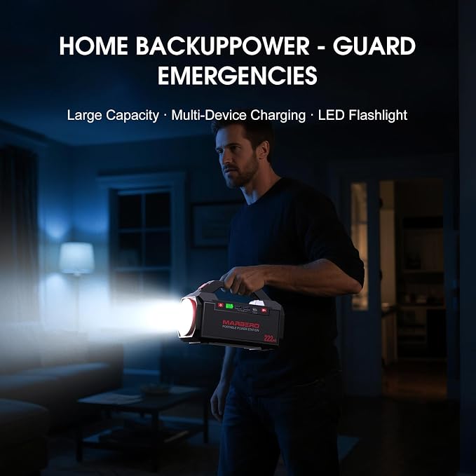 MARBERO Portable Power Station 222Wh Battery Pack 100W (150W Surge) Power Bank Flashlight High Lumens Fast Charging Power Bank with AC Outlet for Outdoor Camping Hurricane Backup Emergencies