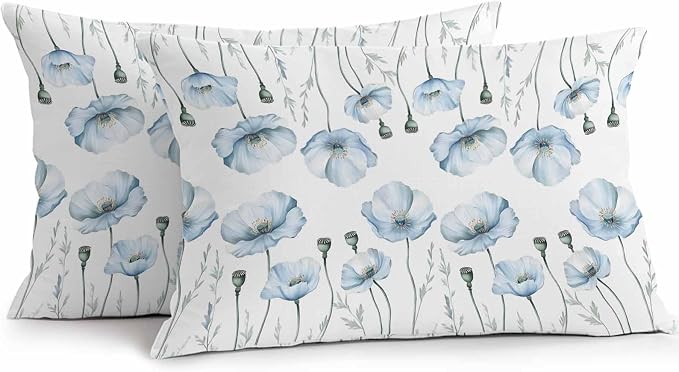 Blue Poppy Floral Waterproof Outdoor Pillow Covers Set of 2 Home Decor, Farmhouse Pastoral Botanical Flowers Pillowcase Patio Pillow Covers for Couch Bench Furniture Garden 20x12in