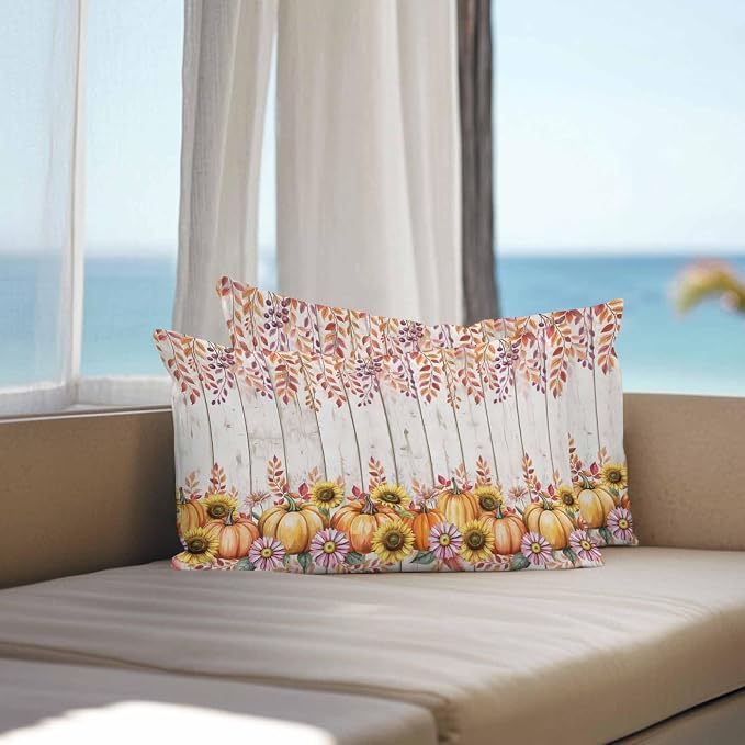 Orange Pumpkins Outdoor Waterproof Pillow Covers, Eucalyptus Leaves Sunflowers Wood Grain Decorative Rectangle Throw Pillowcase Sofa Cushion Sham for Patio/Couch/Chair, 20"x12" 2 Pack