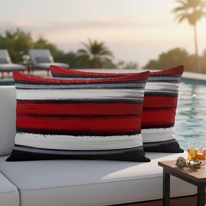 Red and Black Strip Outdoor Pillow Covers 20"x12" Set of 2, Classic Modern Art Waterproof Throw Pillow Covers for Patio Furniture, Decorative Cushion Covers for Porch