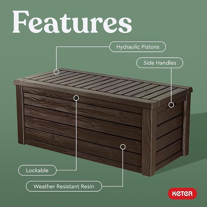 150-gallon Outdoor Storage Deck Box Resin Patio Bin Waterproof Container with Wood Grain Design Multipurpose Bench for Garden Yard Pool Accessories Cushion Storage, Brown