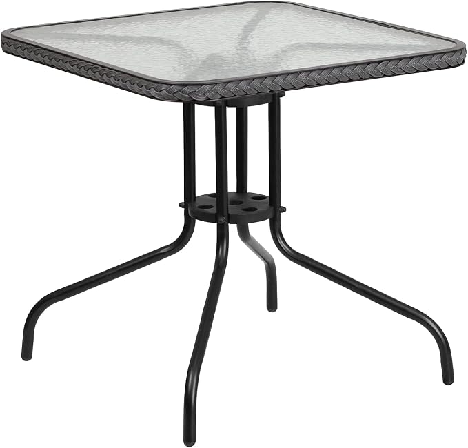 Flash Furniture Lila 28'' Square Glass Metal Table with Gray Rattan Edging and 2 Gray Rattan Stack Chairs
