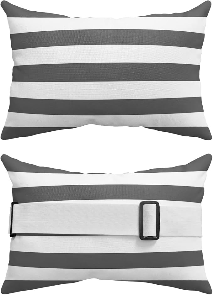 T&H XHome Outdoor Pillow for Chaise Lounge Chair, Deep Gray and White Stripe Waterproof Headrest Pillow Lumbar Pillows with Adjustable Elastic Strap for Beach, Poolside, Patio, Office (2 Pack)