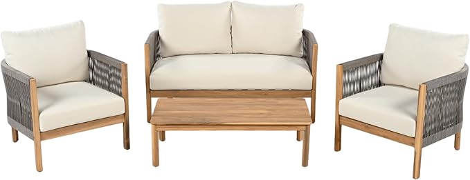 Christopher Knight Home Havets 4 Pieces Outdoor Acacia Furniture Set, Woven Rope Loveseat and Accent Club Chairs, Conversation Sets with 6" Thick Cushions for Backyard Garden Balcony, Gray+Beige
