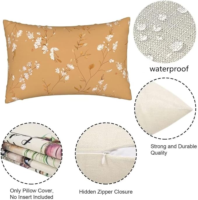 Throw Pillow Covers 12x20 Pillow Covers Set of 2 Couch Pillows for Living Room, Nordic Throw Pillows with Invisible Zipper, Linen Accent Pillows Decorative Pillow Covers Farmhouse Decor, Flower J225