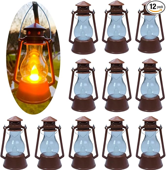 12 Pack Mini Lantern for Little Cowboy Centerpieces Tables Ideas Western Party Favor Decorations Wedding Decor Camping with 4inch Flickering LED Candle, Vintage Table Toppers Decorative (Brown)