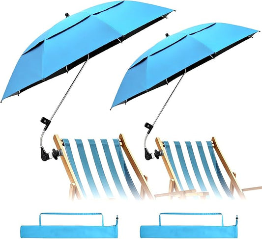 2 Pack 42 Inch Double Canopy Beach Chair Umbrella with Clamp, UPF50+ Clip on Beach Umbrella with 360° Swiwel Arm & Adjustable Clip, Portable Sun Shade for Wheelchair, Stroller, Camping