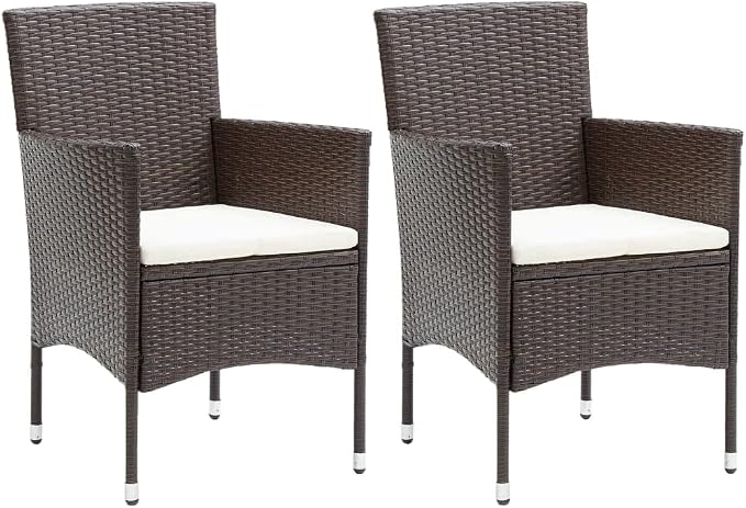 3 Piece Patio Dining Set Brown Cream White Poly Rattan Table 43.3" Glass Top Chairs with Cushions Powder-Coated Steel Frame Outdoor Bistro Set for Garden Balcony Small Spaces