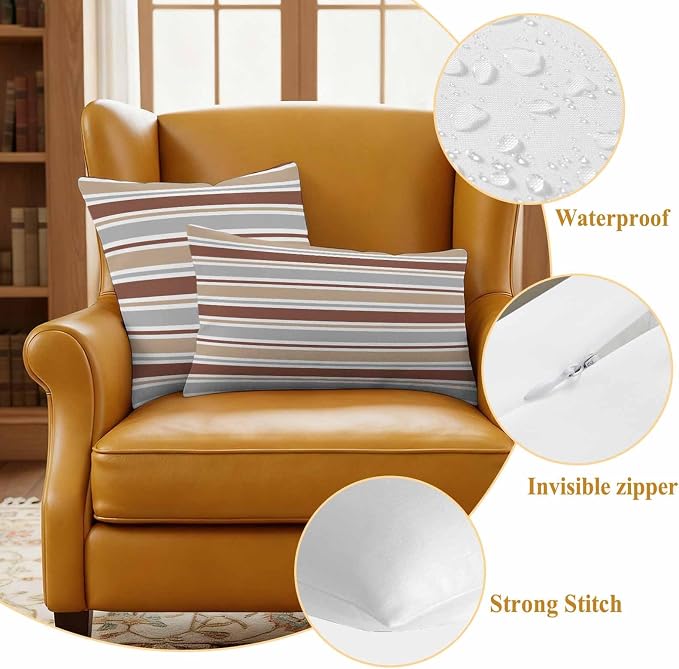 Beige Khaki Striped Outdoor Pillow Cover 16x16 Inch Cushion Sham Case, Farmhouse Stripes Modern Abstract Art Waterproof Decorative Square Throw Pillowcase for Outside Garden Patio Porch Couch Chair