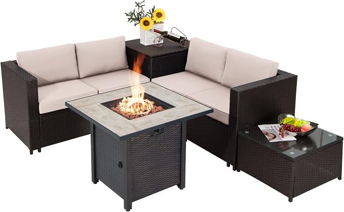 Tangkula 5-Piece Patio Furniture Set with 30 Inches Gas Fire Pit Table, Outdoor Wicker Conversation Sectional Sofa Set with Storage Box and Coffee Table, 50,000 BTU Propane Fire Pit Table (Beige)
