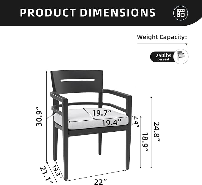 4 Piece Aluminum Dining Chairs Set, Outdoor/Indoor Stationary Dining Chairs with Comfortable Fabric Cushions &Tapered Feet for Garden, Backyard, Poolside, Bistro, Ember Black