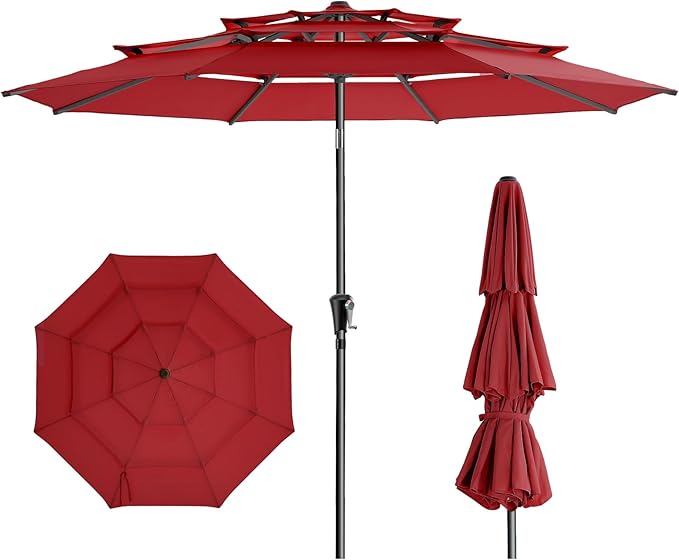 HOMSHADE 9FT 3-Tiers Outdoor Patio Umbrella with 5-Year Fade Resistant,Vented Outdoor Commercial Market Umbrella with UPF50+ UV Protection & Push Button Tilt and Crank for Pool,Backyard(Red)