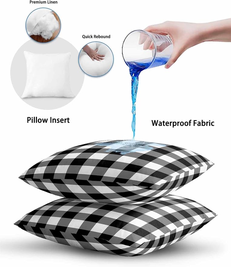 Waterproof Outdoor Pillow 1 Pack Black Buffalo Plaid Decorative Throw Pillows Cover & Insert 16x16 Inch Pillowcase Check Lines Square Pillows for Couch Sofa Bed Patio Furniture Indoor Outdoor