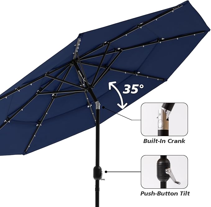 HOMPUS 11FT 3 Tiers Solar LED Patio Umbrella for Outside, Outdoor Market Umbrella with Push Button Tilt, Pool Umbrella w 40 LEDs for Backyard, Deck, Garden, Navy Blue