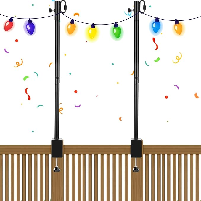 2 Pack Deck String Light Poles with Adjustable 3" Clamp, Outdoor Light Poles for String Lights Garden Backyard Deck Fence Railing Hanging Bird Feeders, Lanterns, Wind Chimes (28 Inch)