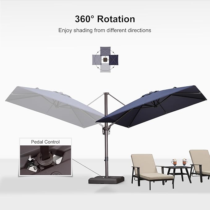 PURPLE LEAF 8' X 8' Cantilever Patio Umbrella with Base Included Antique Bronze Square Umbrella with 360° Rotation and Aluminum Offset Hanging Outdoor Umbrella for Pool Garden Backyard Deck, Navy Blue