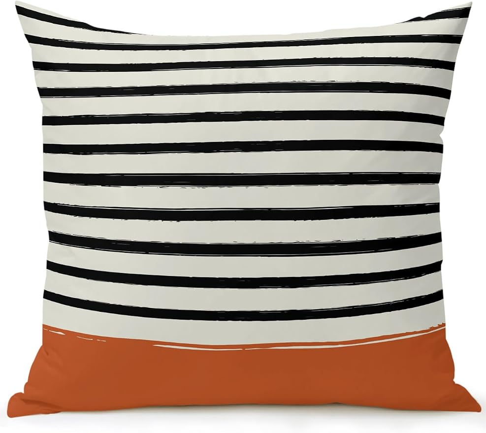 Waterproof Outdoor Pillow 1 Pack Black Stripes Decorative Throw Pillows Cover & Insert 16x16 Inch Pillowcase Striped Lines Orange Square Pillows for Couch Sofa Bed Patio Furniture Indoor Outdoor