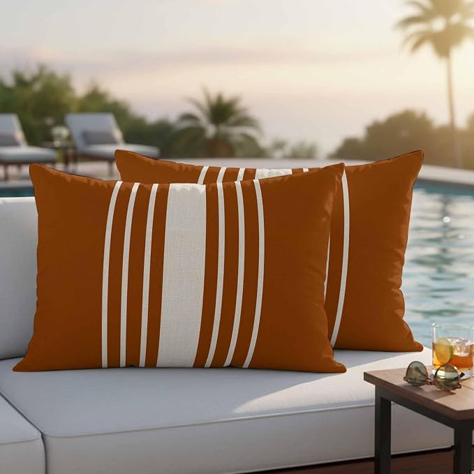 Burnt Orange Beige Striped Outdoor Pillow Covers 20x12 Inch Lumbar Pillow Covers Set of 2 Waterproof Decorative Throw Pillow Cases Modern Farmhouse Retro Lines Cushion Covers for Patio Furniture