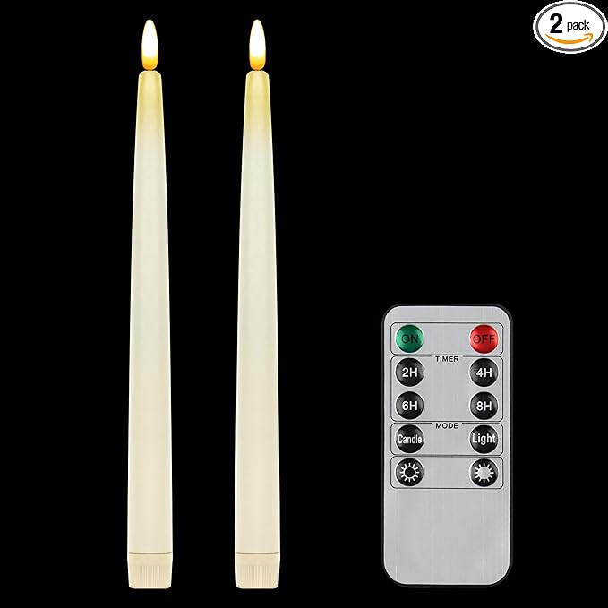 CVHOMEDECO. Flameless Taper Candles with 10-Key Remote, Battery Operated Led Flickering 3D Wick Window Candles Real Wax Finished Home Christmas Party Decor 0.78 x 11 Inch, Pack of 2 (Ivory)