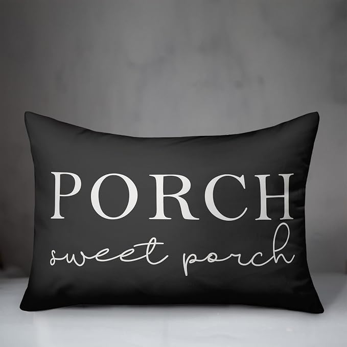 Porch Sweet Porch Charcoal Indoor/Outdoor Pillow | Decorative Pillows for Living Room Couch Bed Sofa Patio, Fluffy Soft Cushion | Water Resistant Gray, 14x20