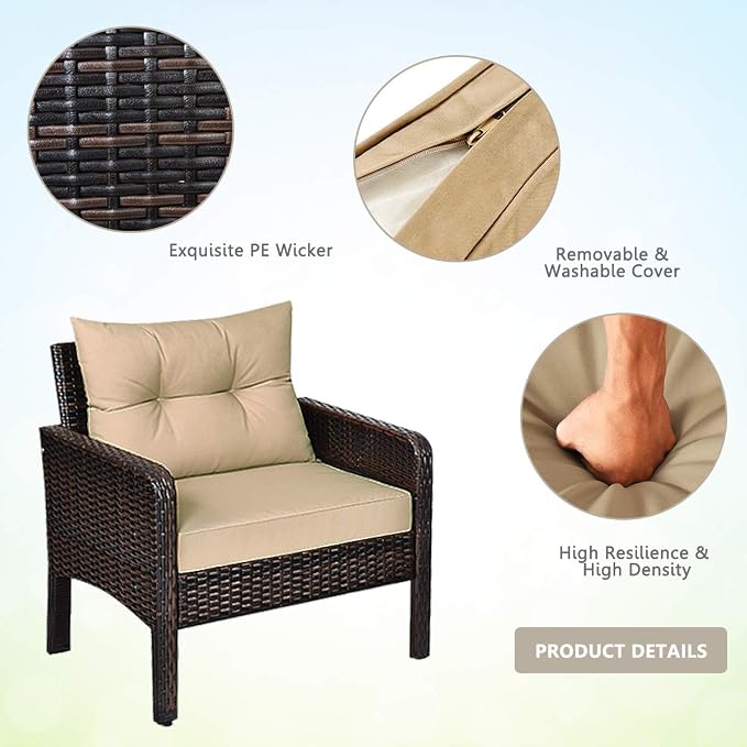HAPPYGRILL 4-Piece Patio Furniture Outdoor Rattan Wicker Sofa Set with Cushions & Coffee Table with Tempered Glass Table Top and Storage Shelf