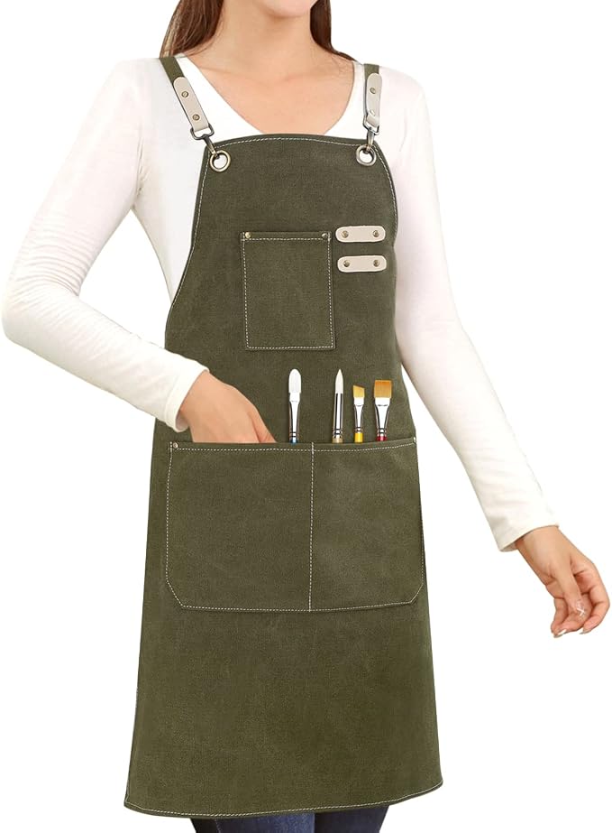 Hongsome Cotton Canvas Cross Back Apron for Art Painting Garden Chef Bartender Work,Women Men 3 Pockets Waterproof M-XXL