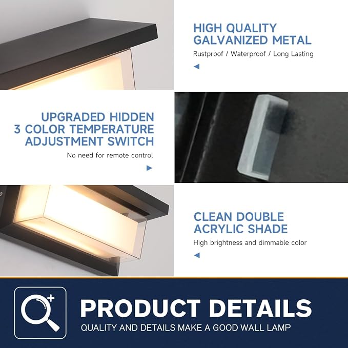2-Pack 24W LED Outdoor Wall Lights,Exterior/Interior 3-Color Adjustable Sconces Lights, IP65 Waterproof 2100LM, Modern Wall Mount Lighting Fixtures, Aluminum Wall Lights,Compatible with Dimmers