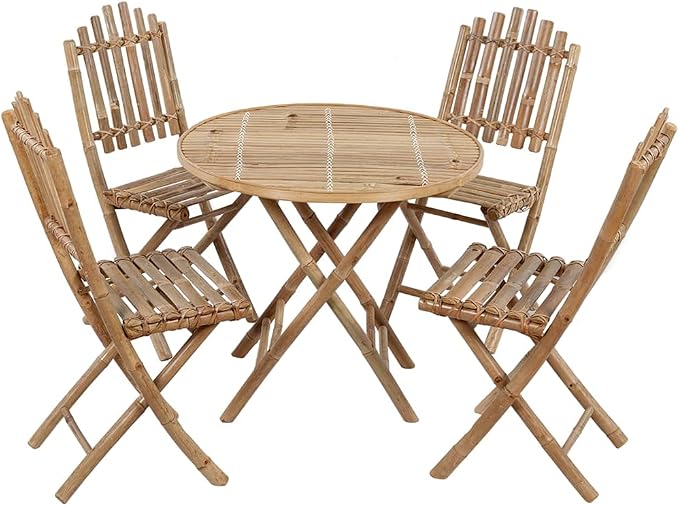 5 Piece Folding Patio Dining Set with Cushions Bamboo Outdoor Furniture Waterproof Table and 4 Chairs for Garden Backyard Blue