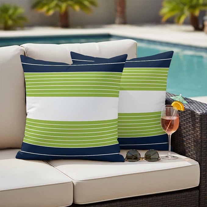 Outdoor Pillow Covers Set of 2, Navy Blue Green Striped Decorative Throw Pillow Covers 18X18IN, Gradient Watercolor Streak Throw Pillows Protector Cushion Case for Patio,Couch,Sofa,Garden