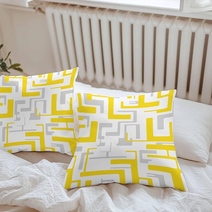 Geometric Outdoor Pillow Shams Set of 2, Decorative Pillowcases Cushion Case, Soft Throw Pillow Covers Waterproof Pillow Case 18x18 Inch, Abstract Lines Yellow Gray Modern Art