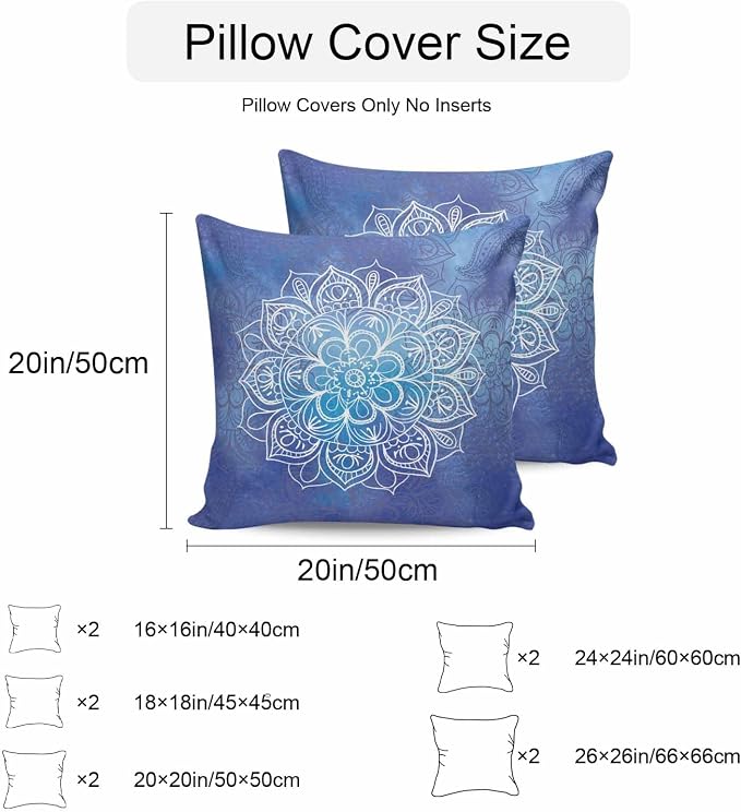 Vandarllin Outdoor Throw Pillows Covers 18x18 inch Set of 2 Waterproof Blue Boho Floral Decorative Zippered Cushion Covers for Patio Furniture, Bohemian Flower Lumbar Pillowcases