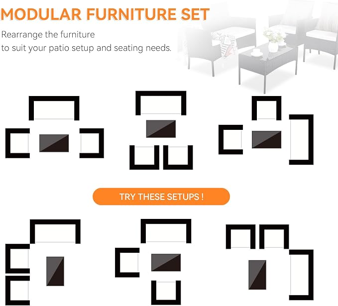 Patio Furniture Set, Outdoor Furniture Set 4 Pieces Patio Conversation Set PE Rattan Chair with Cushion Tempered Glass Table Garden Balcony Sets for Yard Pool Backyard Black/Beige