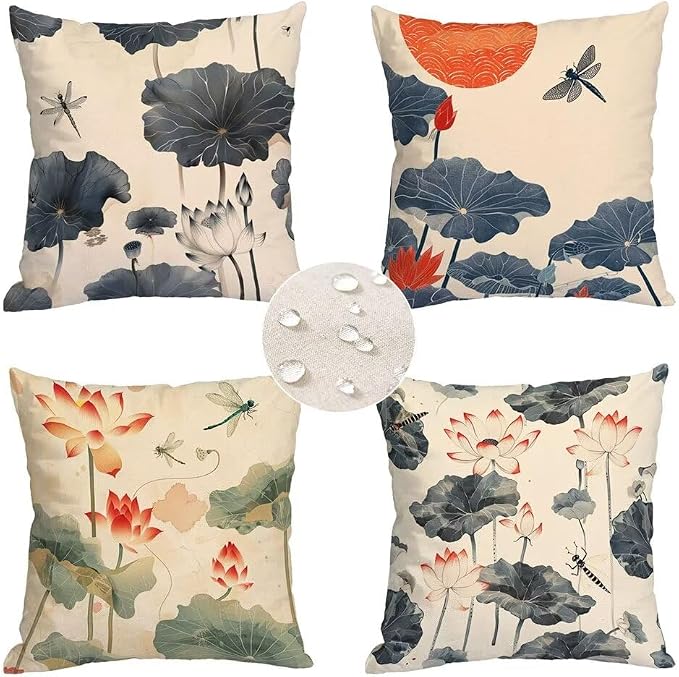 Outdoor Pillows, 4 Packs Outdoor Waterproof Throw Pillow Covers 22x22, Outdoor Off White Pillow Covers Waterproof Modern Square Garden Decor Couch Cushion Covers, Flower Pillow Covers for Patio A-8