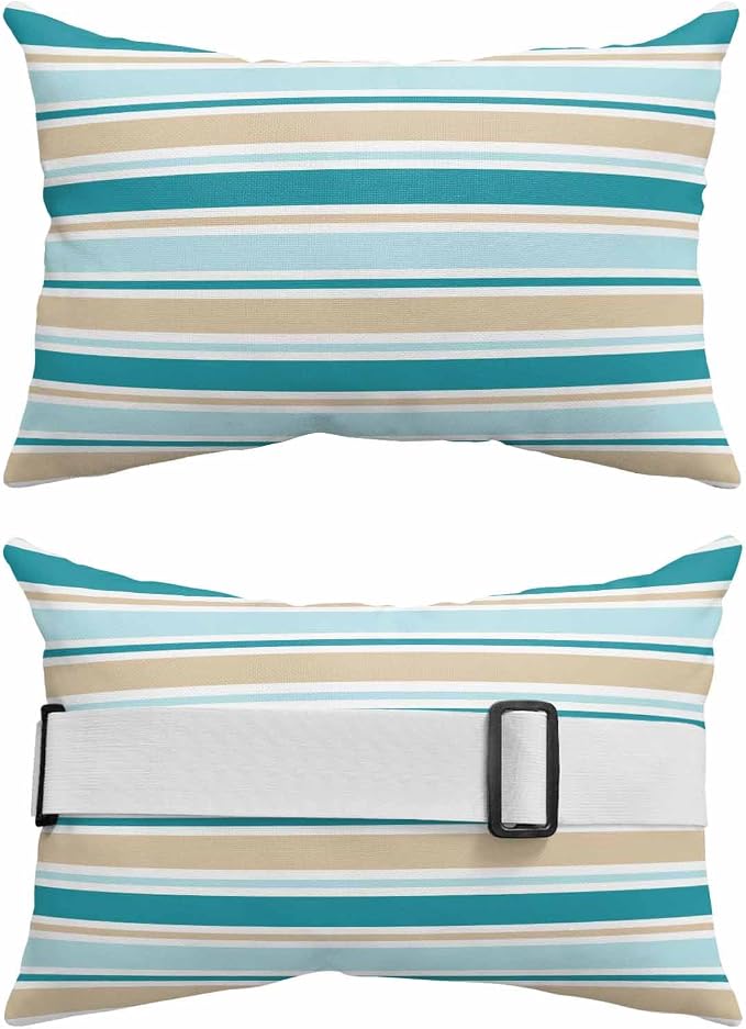 Pack of 2 Outdoor Lumbar Pillow Covers 11x16 Inch, Teal Khaki Striped Waterproof Throw Pillow Covers Set, Farmhouse Stripes Modern Abstract Art Outside Decorative Cushion Cases for Patio Porch Car
