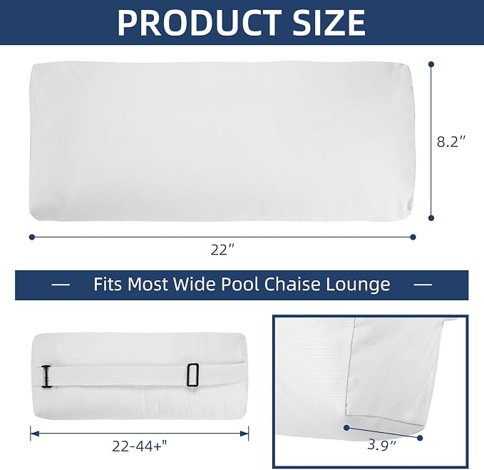 Headrest Pillow for Pool Chaise Lounge, Pool Lounge Pillows Outdoor with Elastic Band for Recliner and Pool Patio Chairs, Head Neck Support Pillow (White, 22x8.6x3.9)
