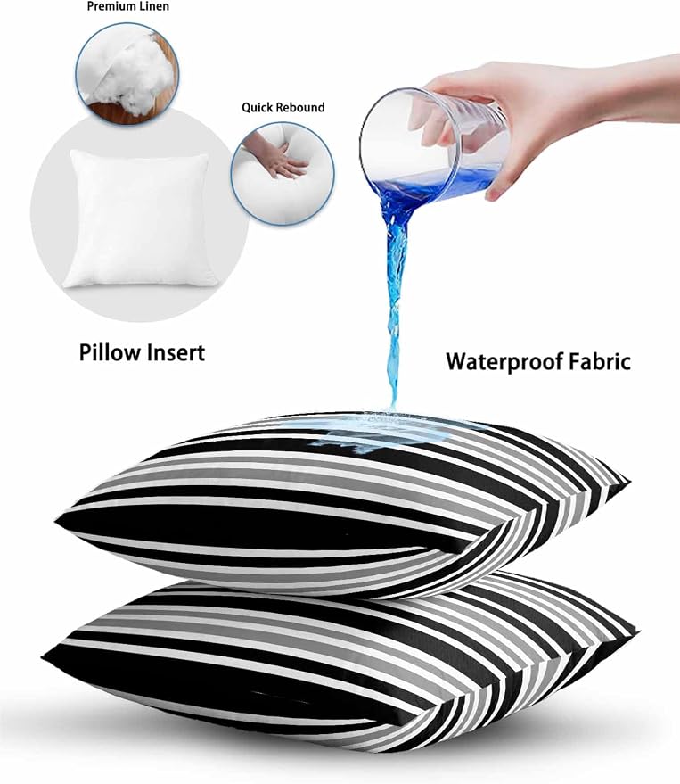 Outdoor Waterproof Throw Pillows Classic Gray Black Striped Patio Pillows Pack of 2,Decorative Pillow Covers with Insert,Pillow Cushion Case for Garden Couch Sofa Minimalist Lines