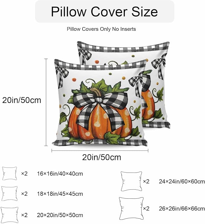 Orange Pumpkins Outdoor Waterproof Pillow Covers, Polka Dot Bow Fall Maple Leaves Plaid Decorative Square Throw Pillowcase Sofa Cushion Sham for Patio/Couch/Chair, 24"x24" 2 Pack