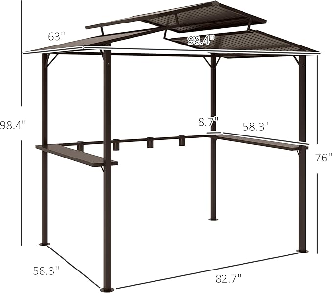 Outsunny 8' x 5' Hardtop Grill Gazebo with Double Metal Roof, 2 Side Shelves and 4 Cup Holders, Outdoor BBQ Gazebo, Grill Canopy for Patio Backyard Lawn Deck