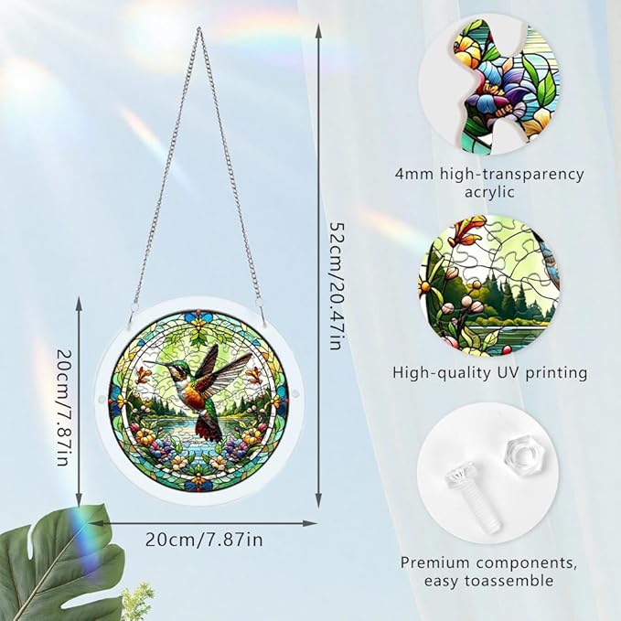 Acrylic Puzzle Suncatcher, Hummingbird Stained Glass Window Hanging, Sun Catcher Puzzle Kit Home Garden Decor, Creative Mothers Day and Birthdays Gifts for Mom, Wife, Sisters, 7.87 inch